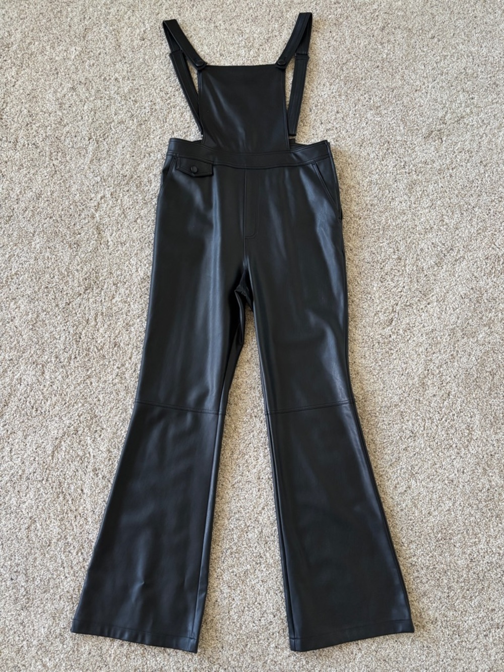Maeve for Anthropologie Black Faux Leather Suspender Flared Pants
